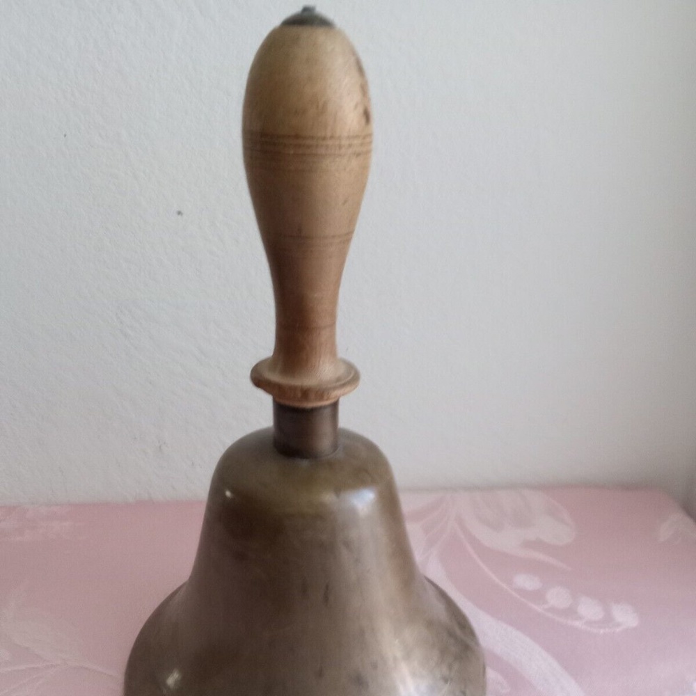 Vintage Wood and Brass School House Bell Large Farmhouse Desk 10 1/4" - Picture 5 of 8